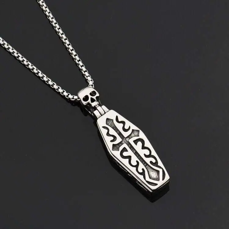 European Domineering Cross Coffin Skeleton Pendant Silver Men's Necklace - Image 3