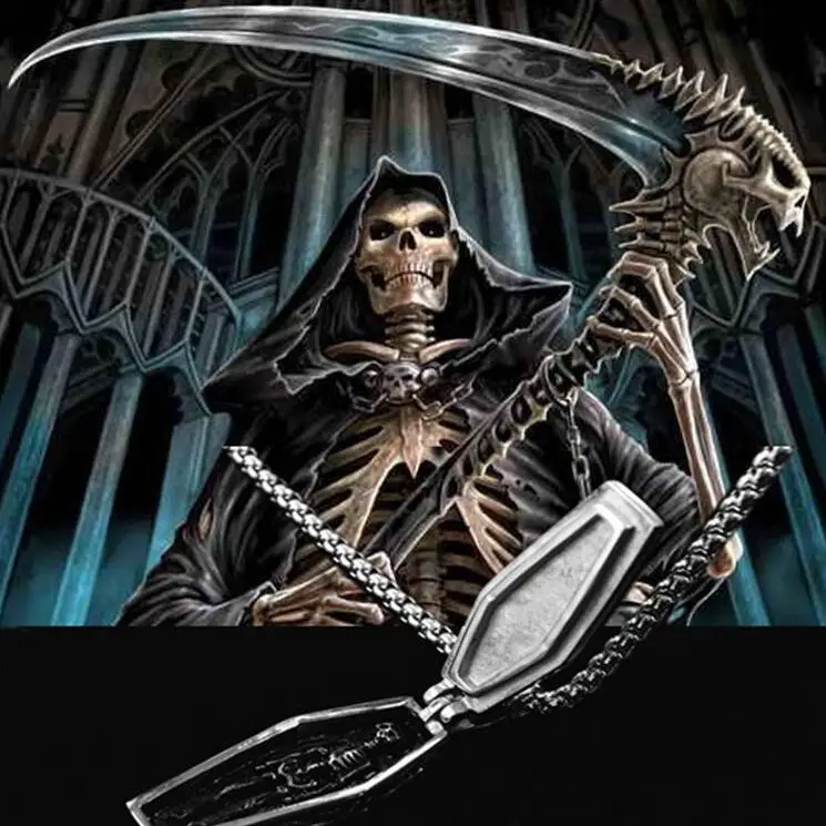 European Domineering Cross Coffin Skeleton Pendant Silver Men's Necklace - Image 6