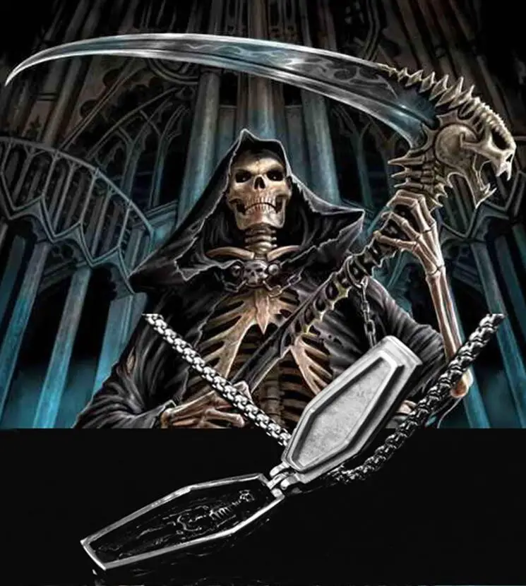 European Domineering Cross Coffin Skeleton Pendant Silver Men's Necklace — feature 1