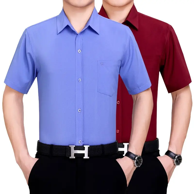 Men Short Sleeve Button Shirt Blue Large - Image 8