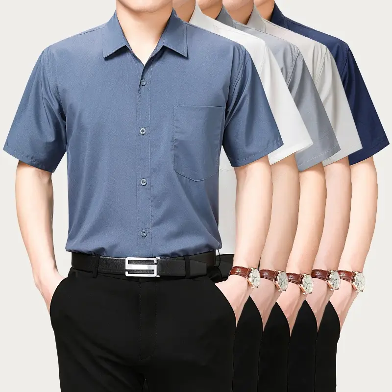 Men Short Sleeve Button Shirt Blue Large - Image 9