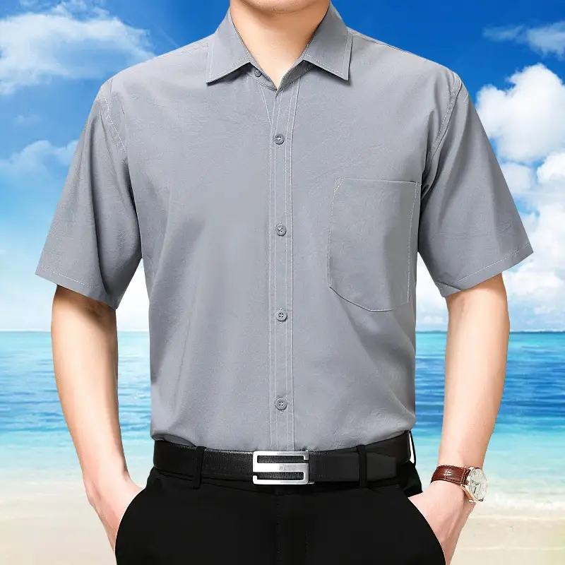 Men Short Sleeve Button Shirt Blue Large - Image 4
