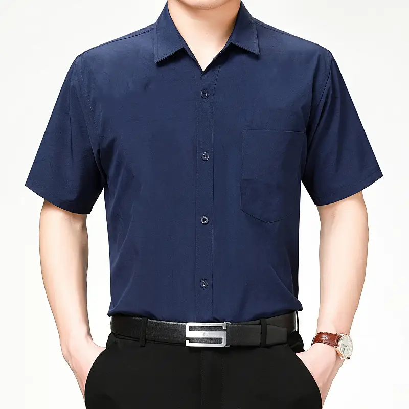 Men Short Sleeve Button Shirt Blue Large - Image 10
