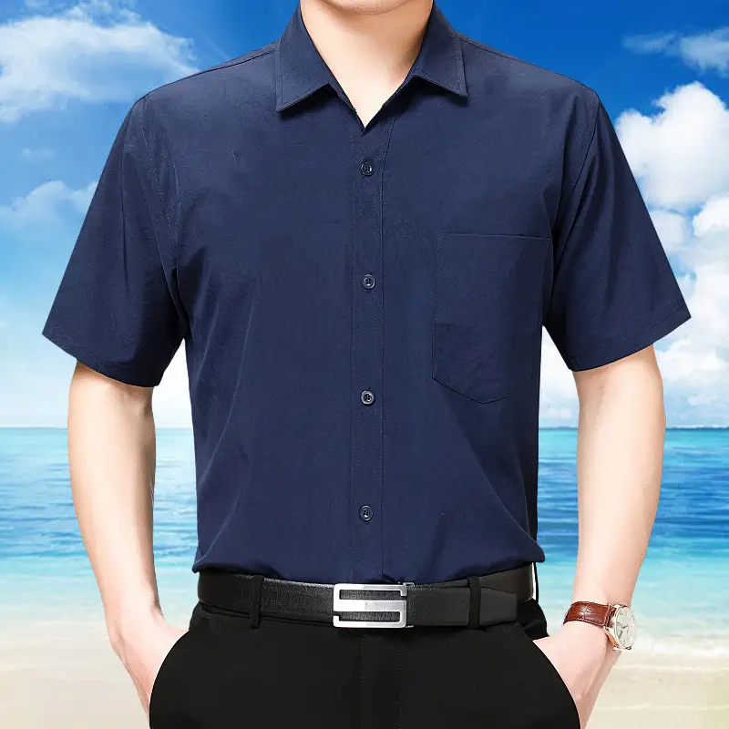 Men Short Sleeve Button Shirt Blue Large - Image 2