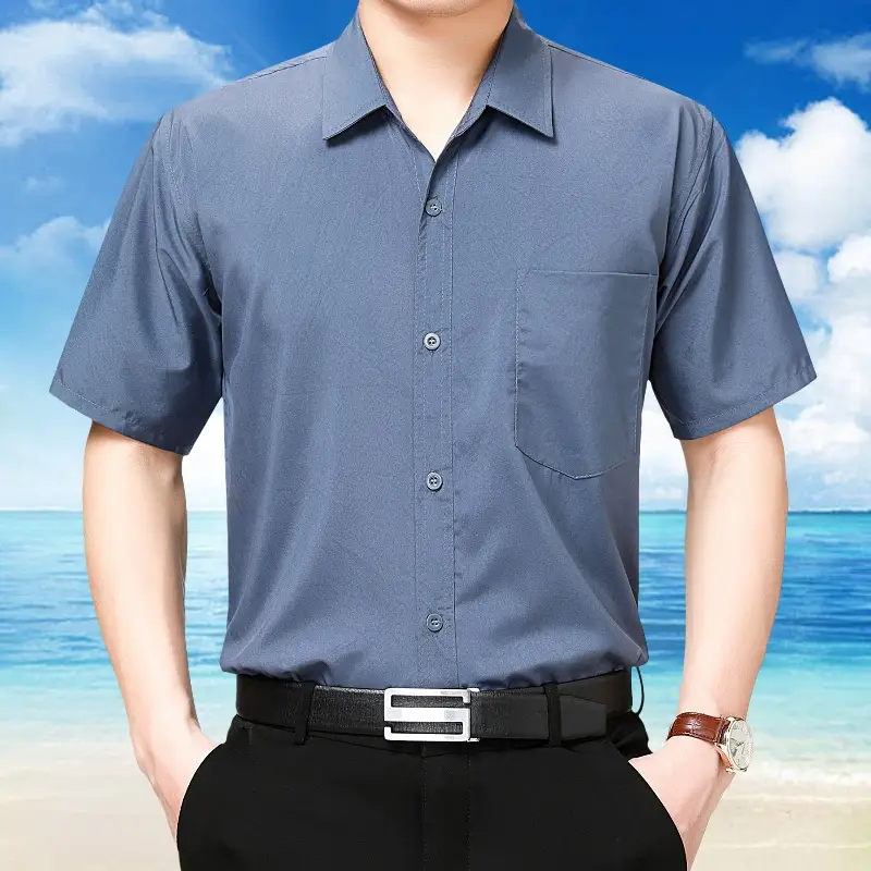 Men Short Sleeve Button Shirt Blue Large - Image 3