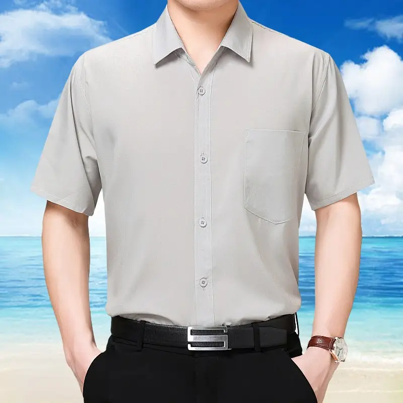 Men Short Sleeve Button Shirt Blue Large - Image 5
