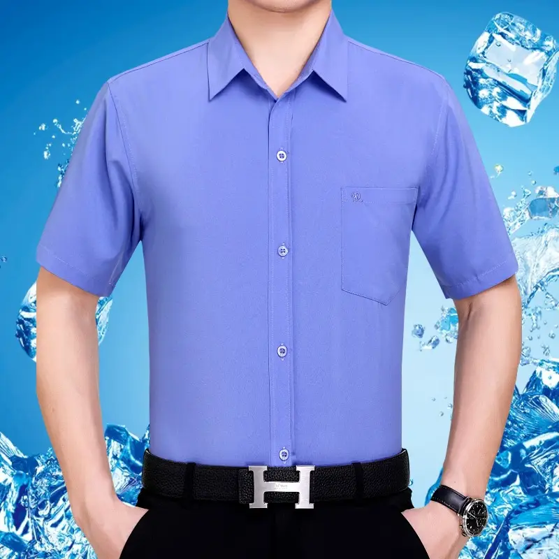 Men Short Sleeve Button Shirt Blue Large - Image 6