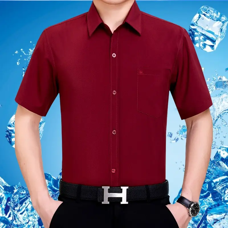 Men Short Sleeve Button Shirt Blue Large - Image 7
