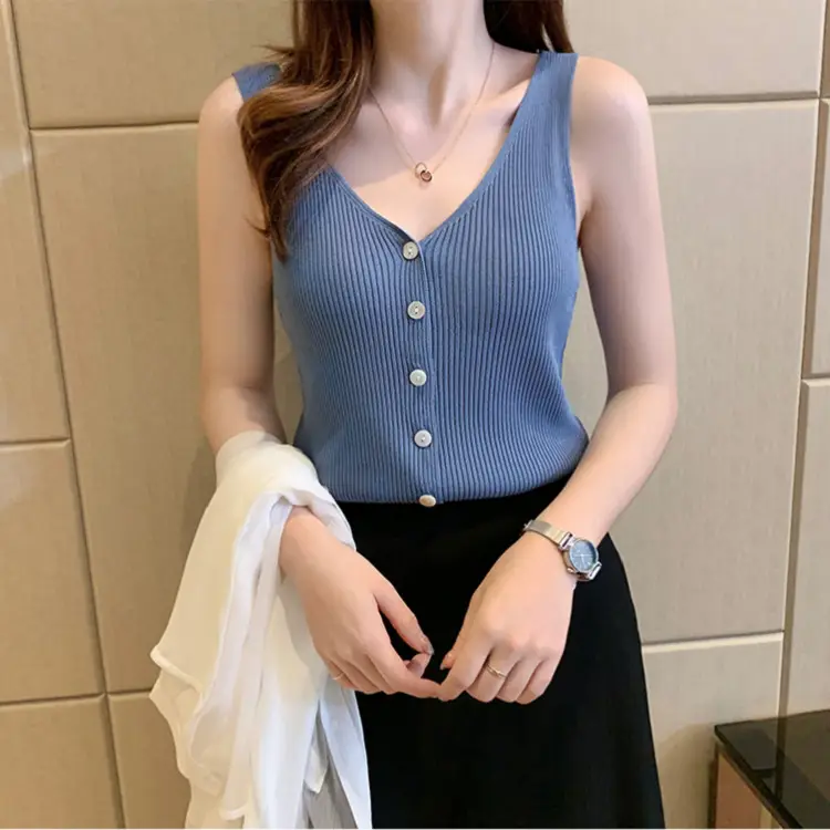 Button Knitted V-Neck Sleeveless Vest Women - Image 10