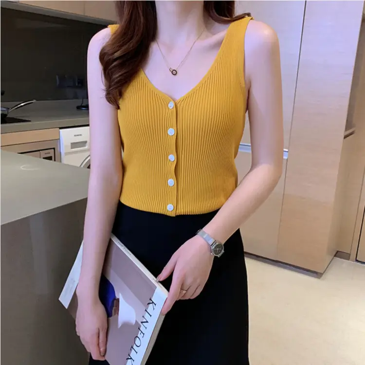 Button Knitted V-Neck Sleeveless Vest Women - Image 2