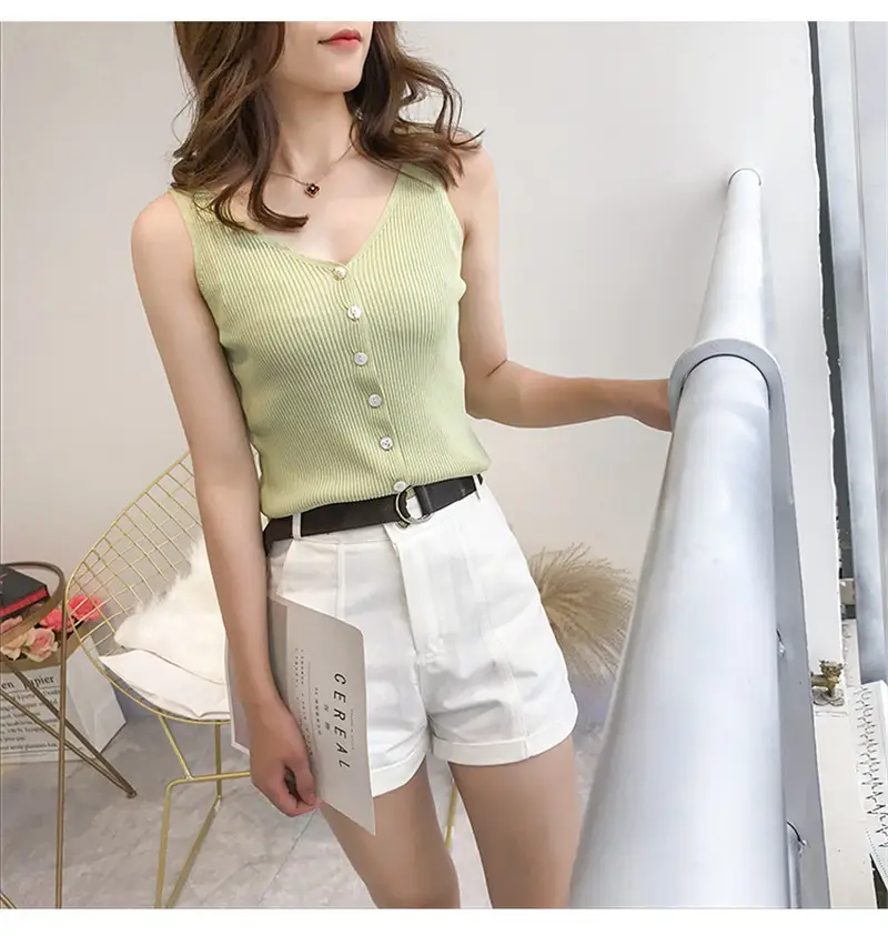 Button Knitted V-Neck Sleeveless Vest Women - Image 4