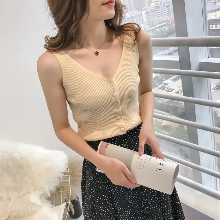 Button Knitted V-Neck Sleeveless Vest Women - Image 6