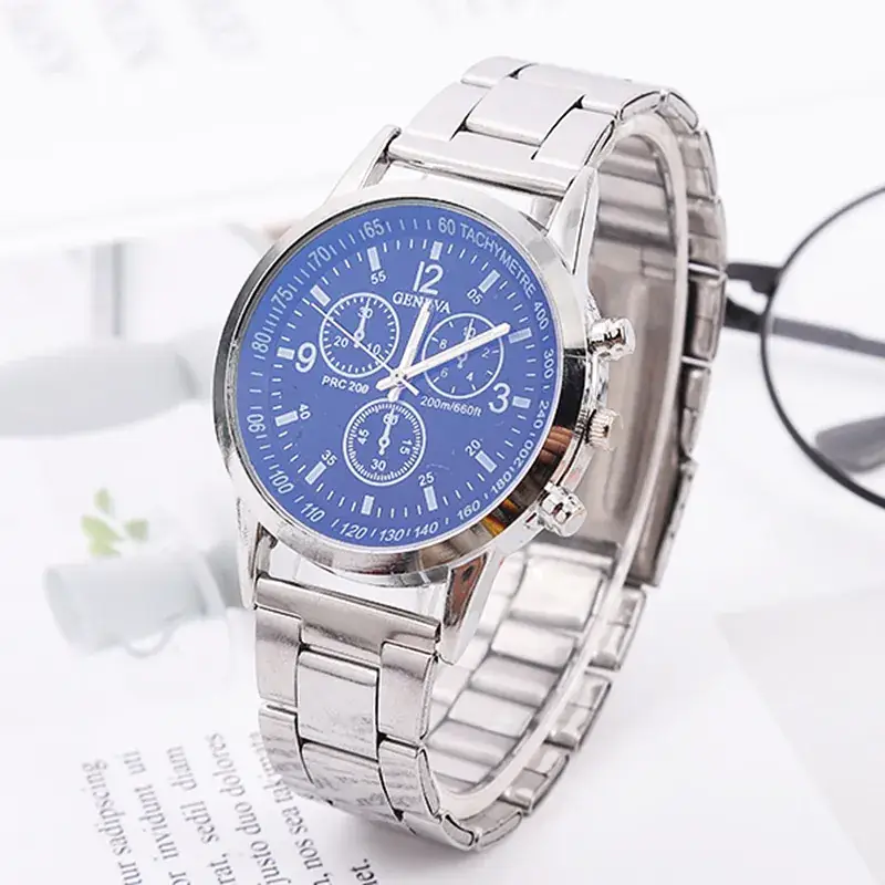 Men's Blue Light Three-Eye Quartz Watch Steel Band - Image 5