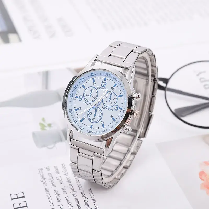 Men's Blue Light Three-Eye Quartz Watch Steel Band - Image 2