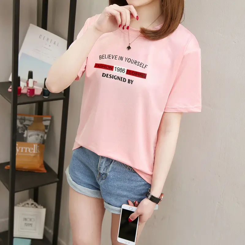 2025 Summer Korean Style Pink Letter Print T-Shirt for Women — feature 10