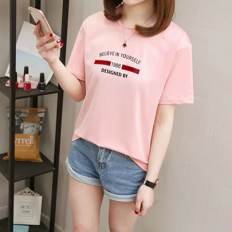 2025 Summer Korean Style Pink Letter Print T-Shirt for Women — feature 11