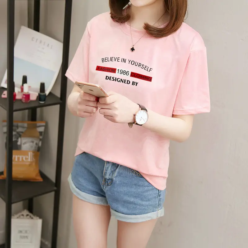 2025 Summer Korean Style Pink Letter Print T-Shirt for Women — feature 12