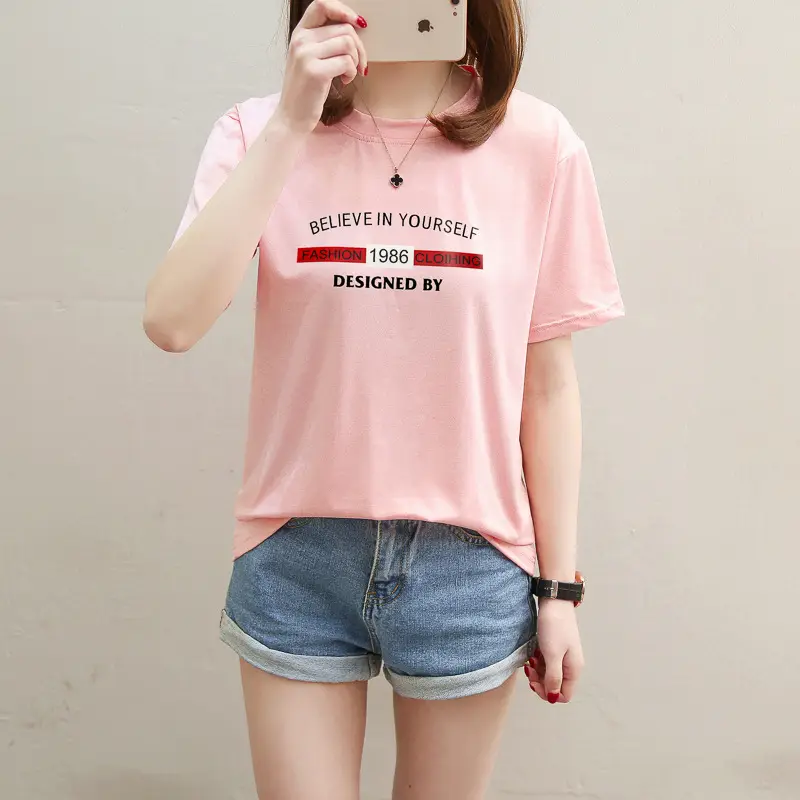 2025 Summer Korean Style Pink Letter Print T-Shirt for Women — feature 13