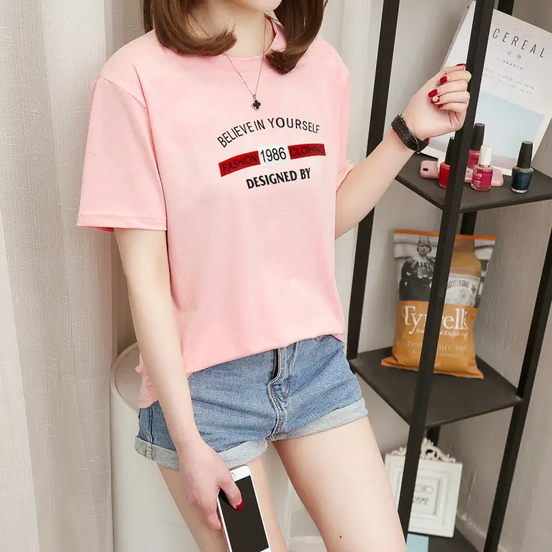 2025 Summer Korean Style Pink Letter Print T-Shirt for Women — feature 14