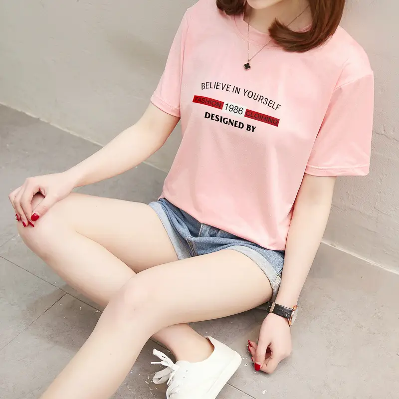 2025 Summer Korean Style Pink Letter Print T-Shirt for Women — feature 9