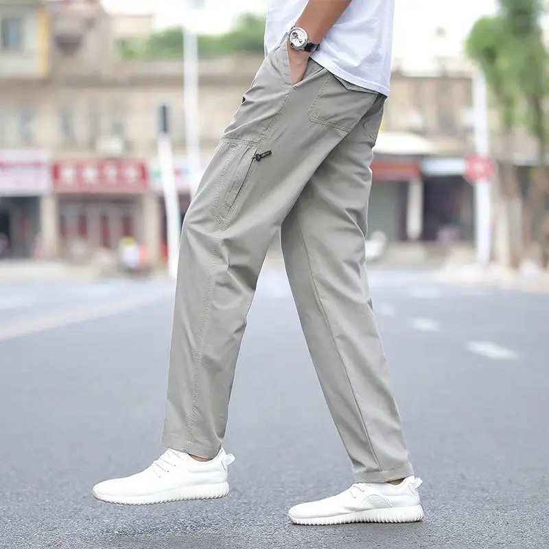 Men's Grey Multi-Pocket Overalls Pants Middle Age Business Casual - Image 4