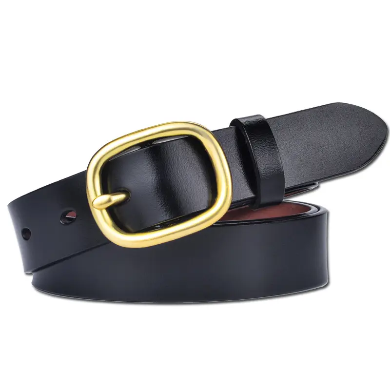 Women's Black Genuine Leather Belt with Gold Buckle