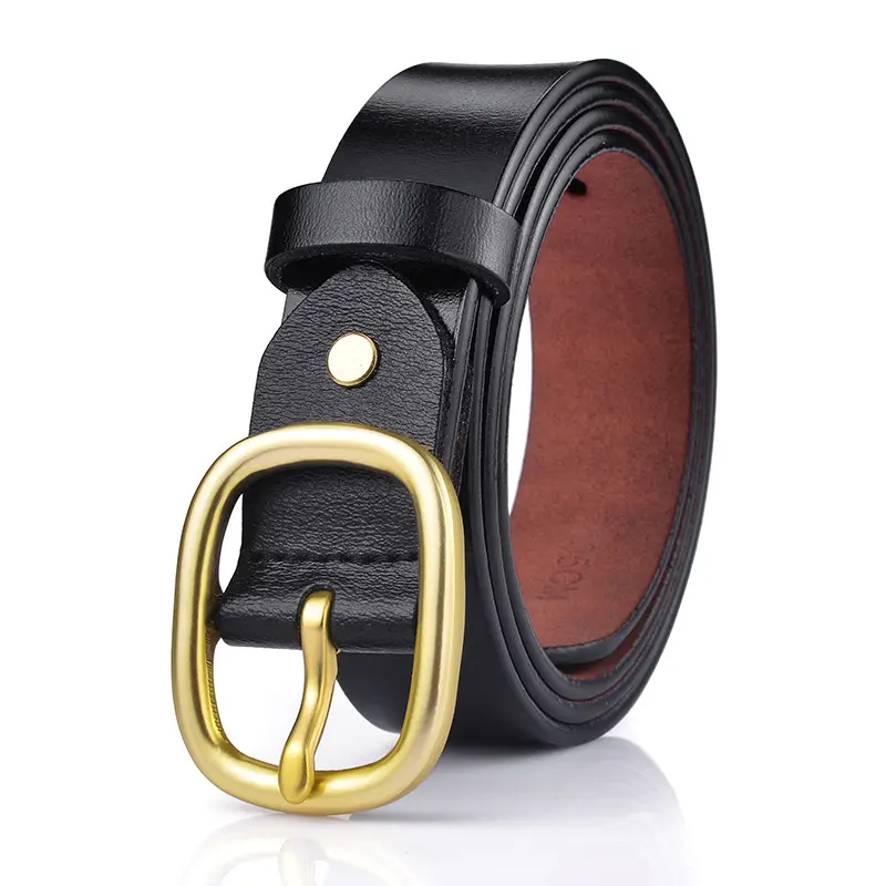 Women's Black Genuine Leather Belt with Gold Buckle