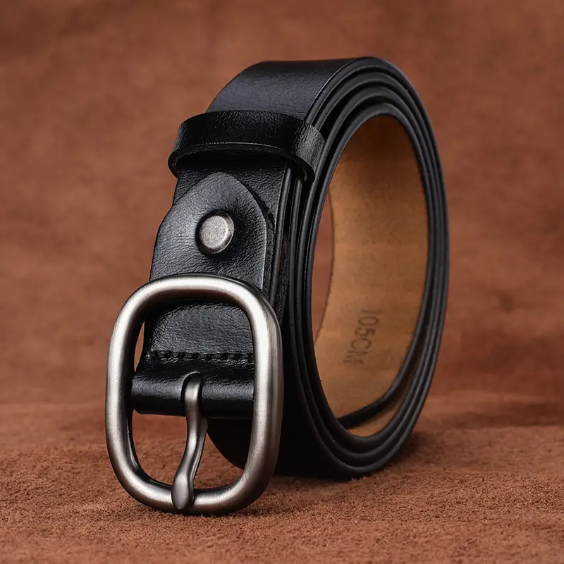 Women's Black Genuine Leather Belt with Gold Buckle