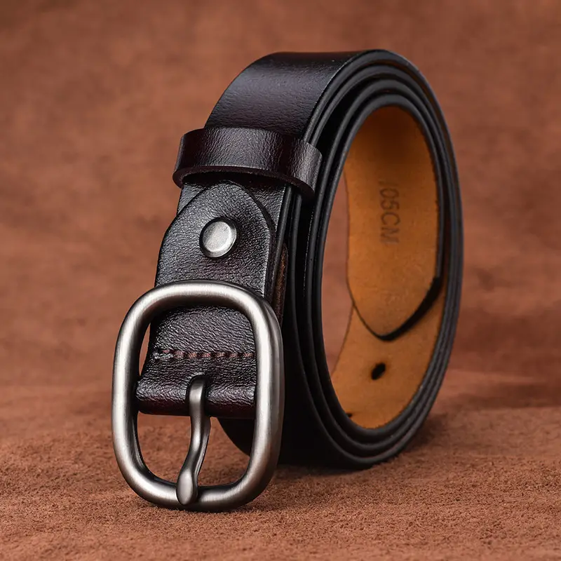 Women's Black Genuine Leather Belt with Gold Buckle