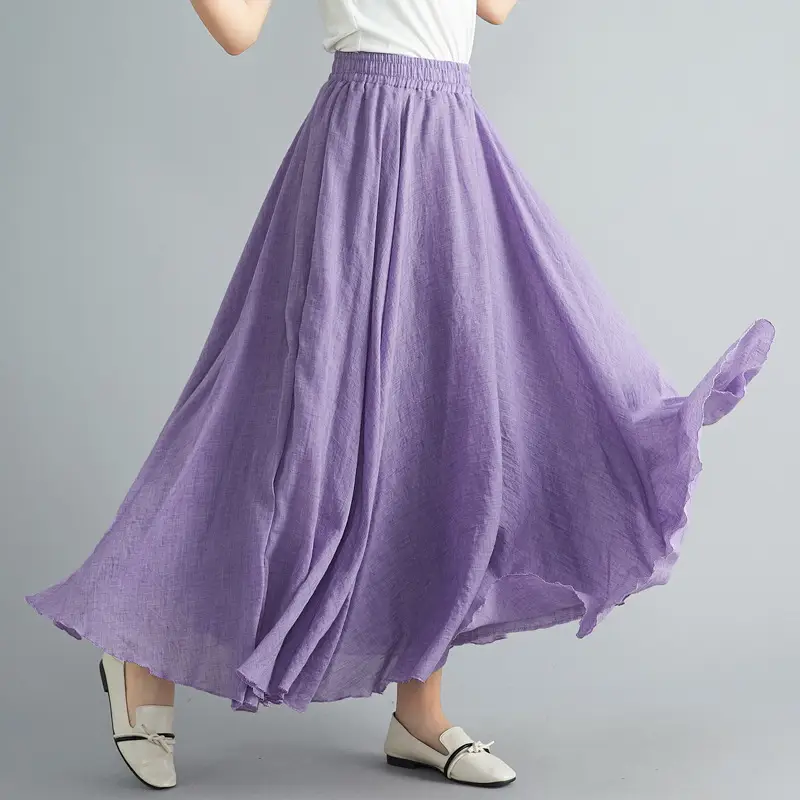 2021 Mori Women Linen Artistic Skirt Blue Large