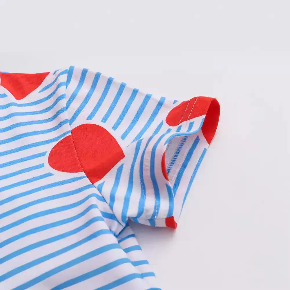 Girls Printed Cotton Dress Red Blue Striped Summer - Image 3