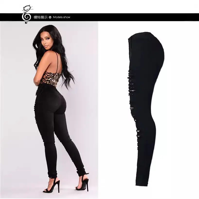 Black Frayed Slim Fit Denim Pencil Pants with High Waist