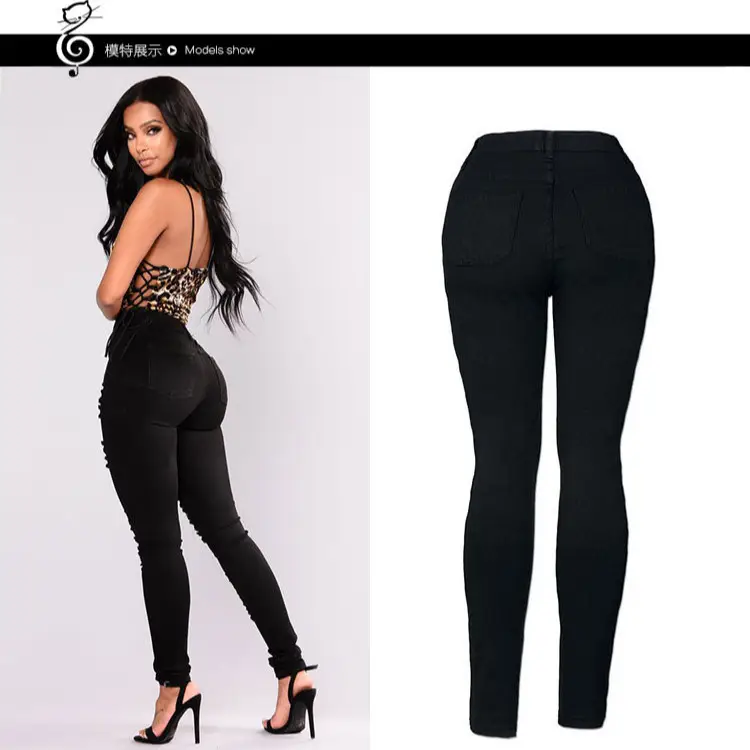 Black Frayed Slim Fit Denim Pencil Pants with High Waist