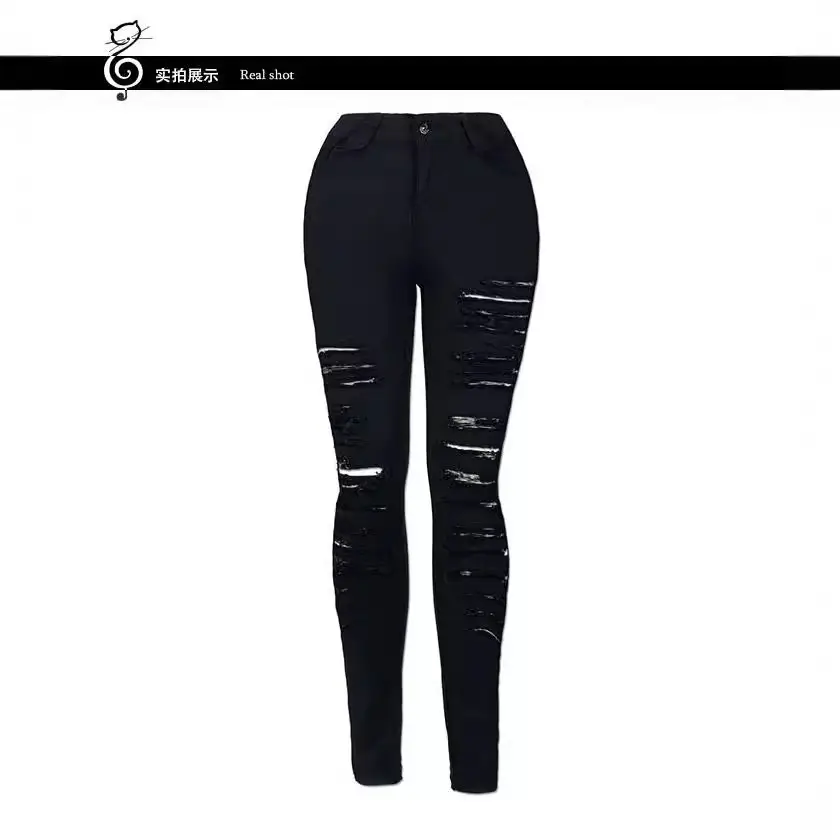 Black Frayed Slim Fit Denim Pencil Pants with High Waist