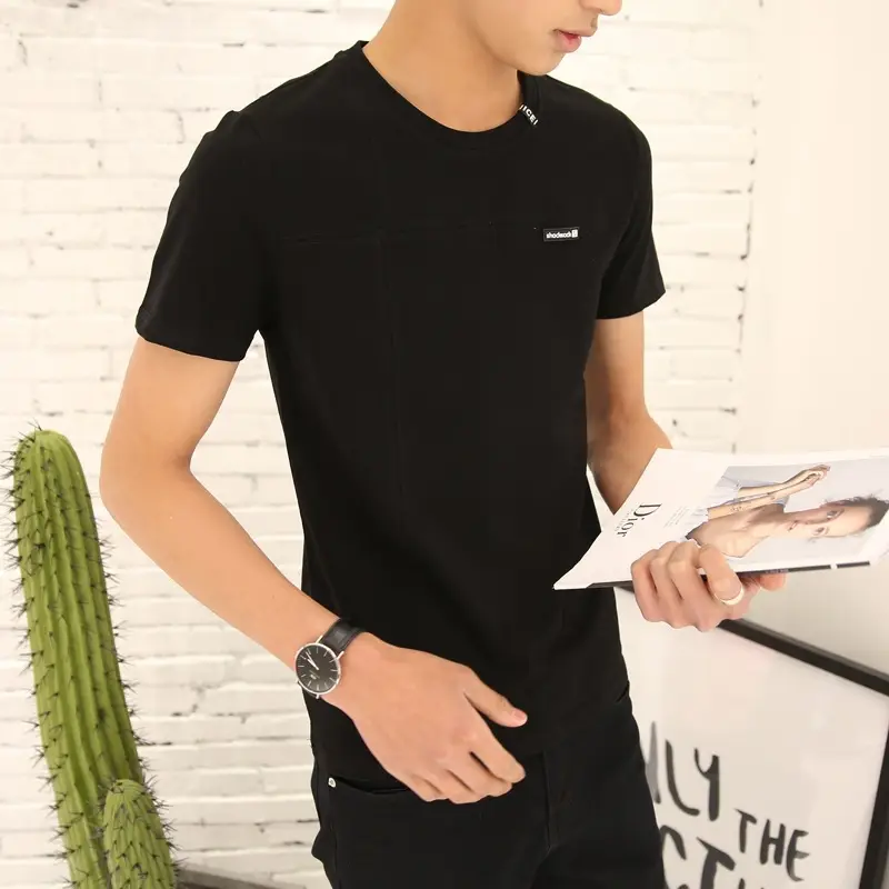 Men Black Short Sleeve T-Shirt Round Neck Half Sleeve Solid Color - Image 4