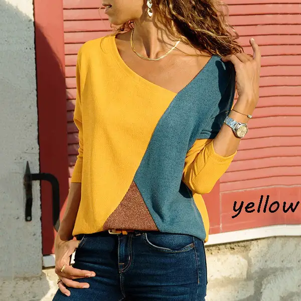 Women's Contrast Color Round Neck Long Sleeve T-Shirt Red Blue - Image 2