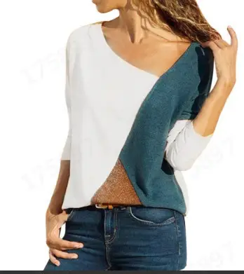 Women's Contrast Color Round Neck Long Sleeve T-Shirt Red Blue - Image 3