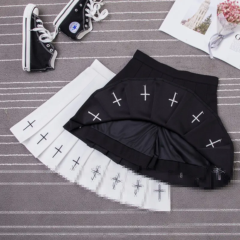 Women Embroidered Pleated Skirt Black White Spring Summer - Image 8