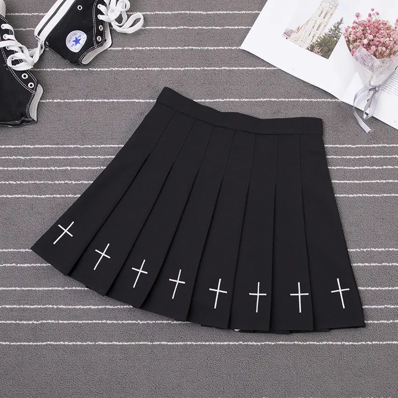 Women Embroidered Pleated Skirt Black White Spring Summer - Image 9