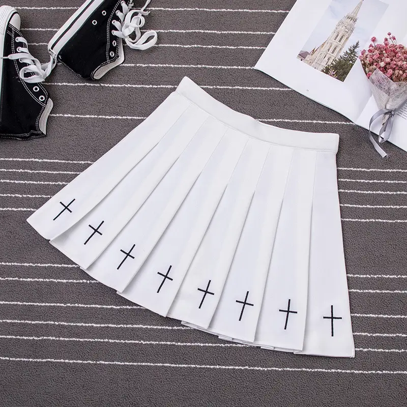 Women Embroidered Pleated Skirt Black White Spring Summer - Image 5