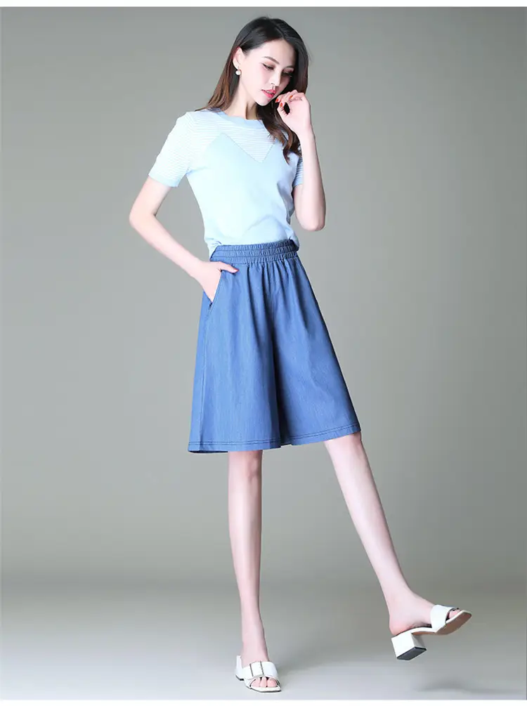 Women's Blue Tencel Denim Wide Leg Shorts Large — feature 14