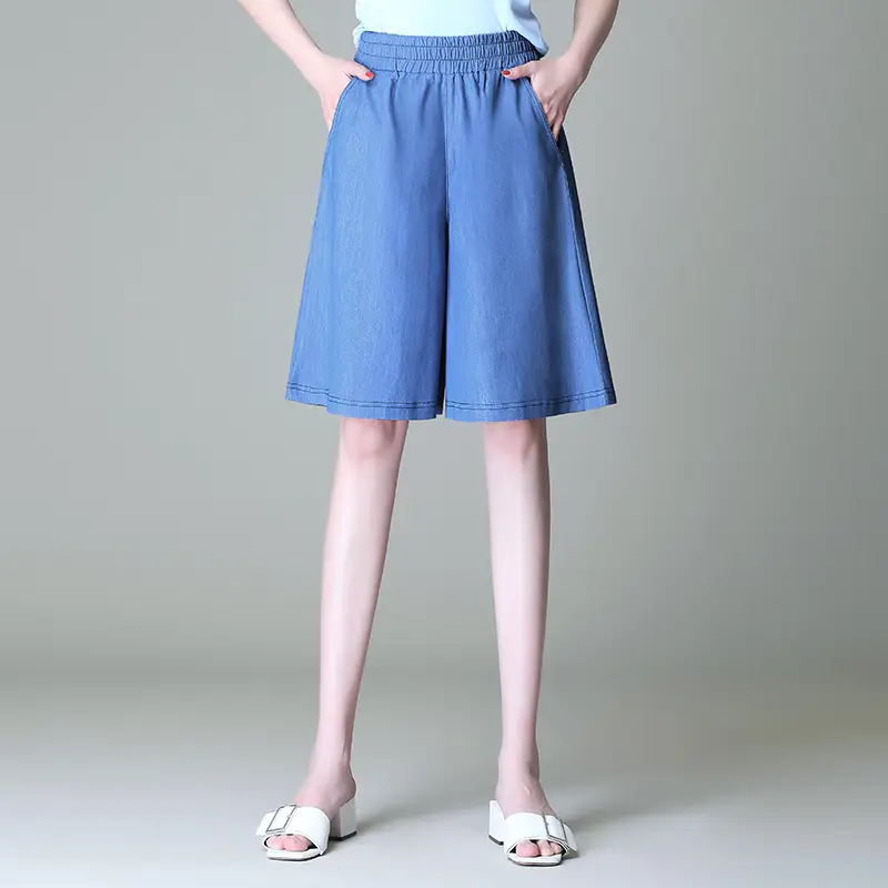 Women's Blue Tencel Denim Wide Leg Shorts Large - Image 3