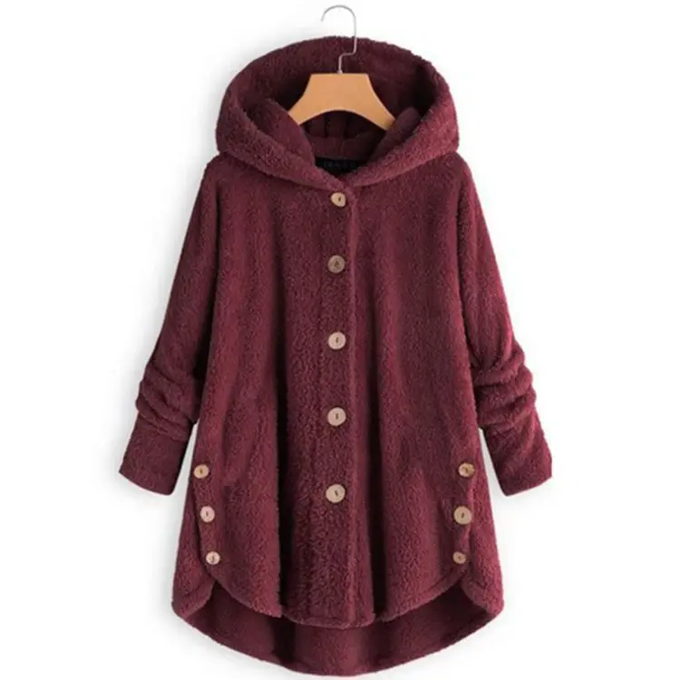 Women Button Plush Hooded Jacket Black Winter - Image 14