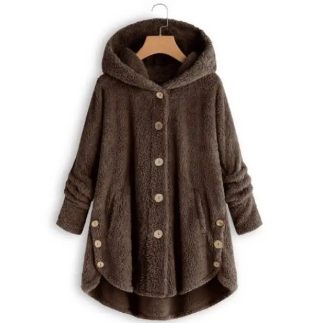 Women Button Plush Hooded Jacket Black Winter - Image 5