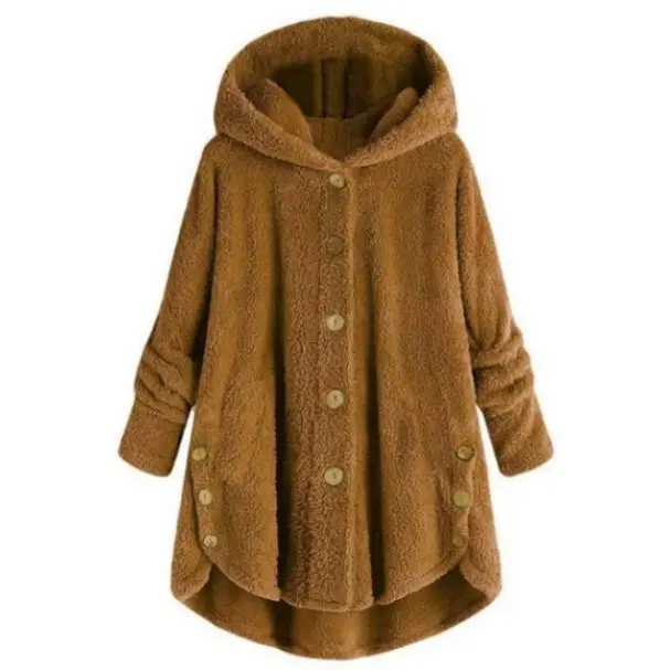 Women Button Plush Hooded Jacket Black Winter - Image 6
