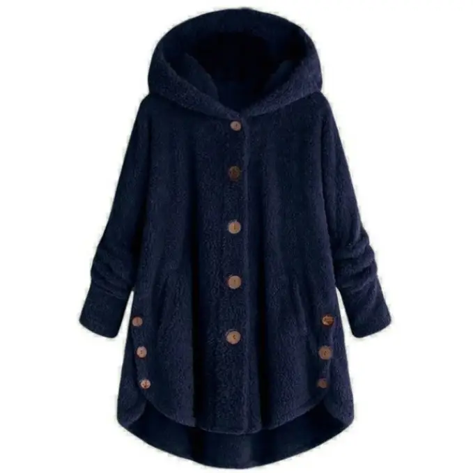 Women Button Plush Hooded Jacket Black Winter - Image 7