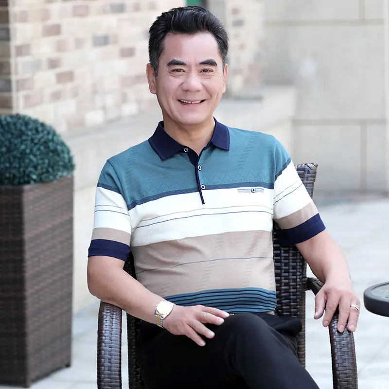 Men's Striped Polo T-Shirt Blue Beige White Casual Summer - Image 7