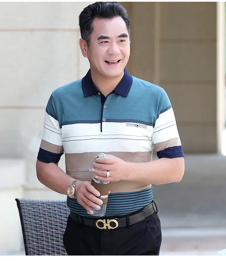 Men's Striped Polo T-Shirt Blue Beige White Casual Summer — feature 11
