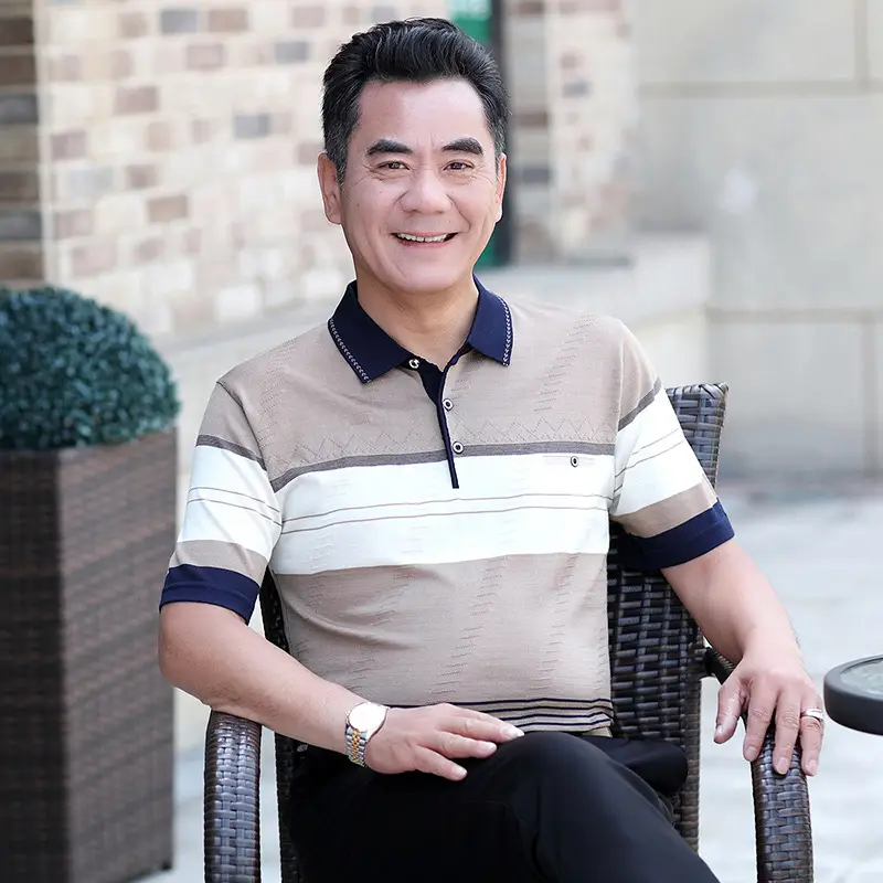 Men's Striped Polo T-Shirt Blue Beige White Casual Summer - Image 2