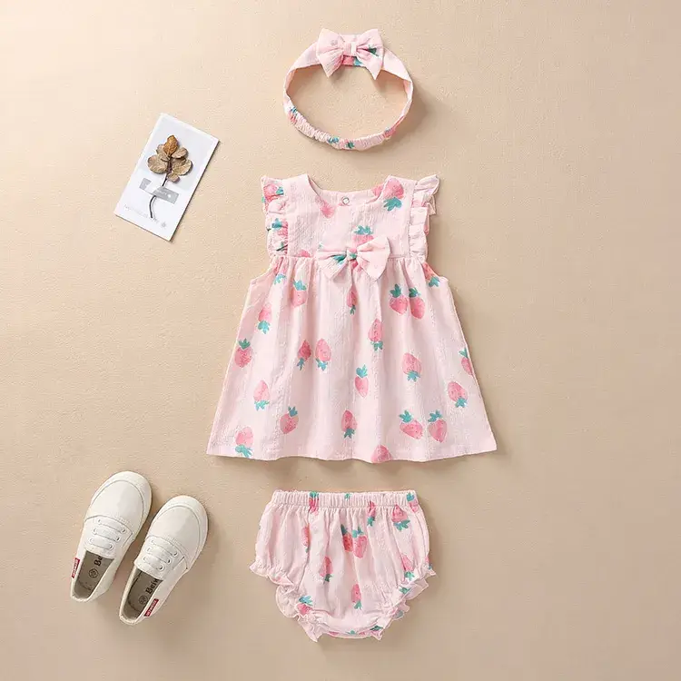 Girls Cotton Strawberry Print Sleeveless Dress Set - Image 6